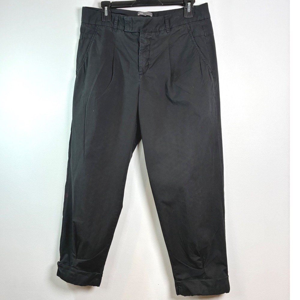 Vince Cropped Pants Pleated Cuffed‎ Trousers Black Cotton Blend Casual Size 10